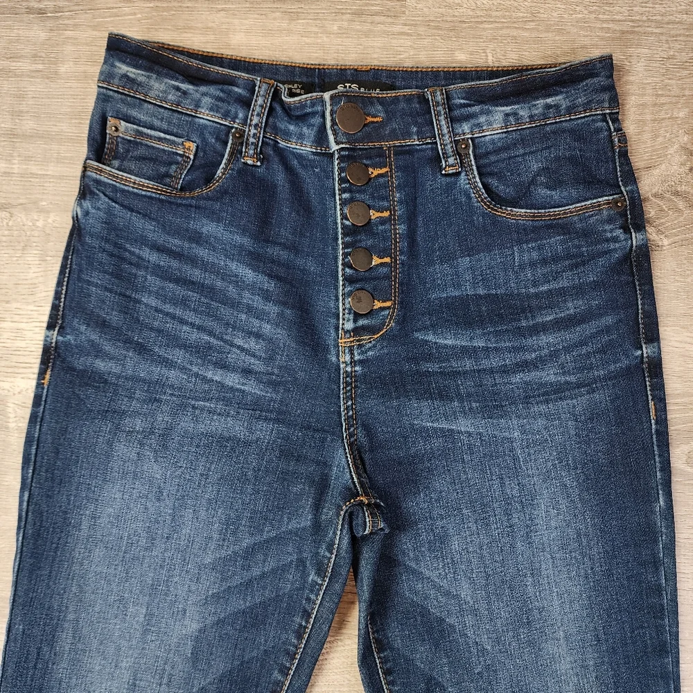STS BLUE Ashley High Rise Button Fly Blue Denim Raw Hem Jean 28 - Picture 2 of 14